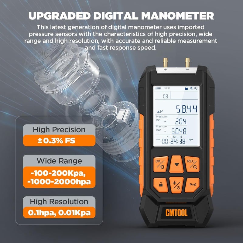 CMTOOL Manometer Gas Pressure Tester, Digital Manometer, -100-200Kpa, 10 Units Differential Pressure Gauge, Max/Min/Data Storage, 2-Port Tester for HVAC/Automotive Brake/Industrial/Lab Calibration - Image 3